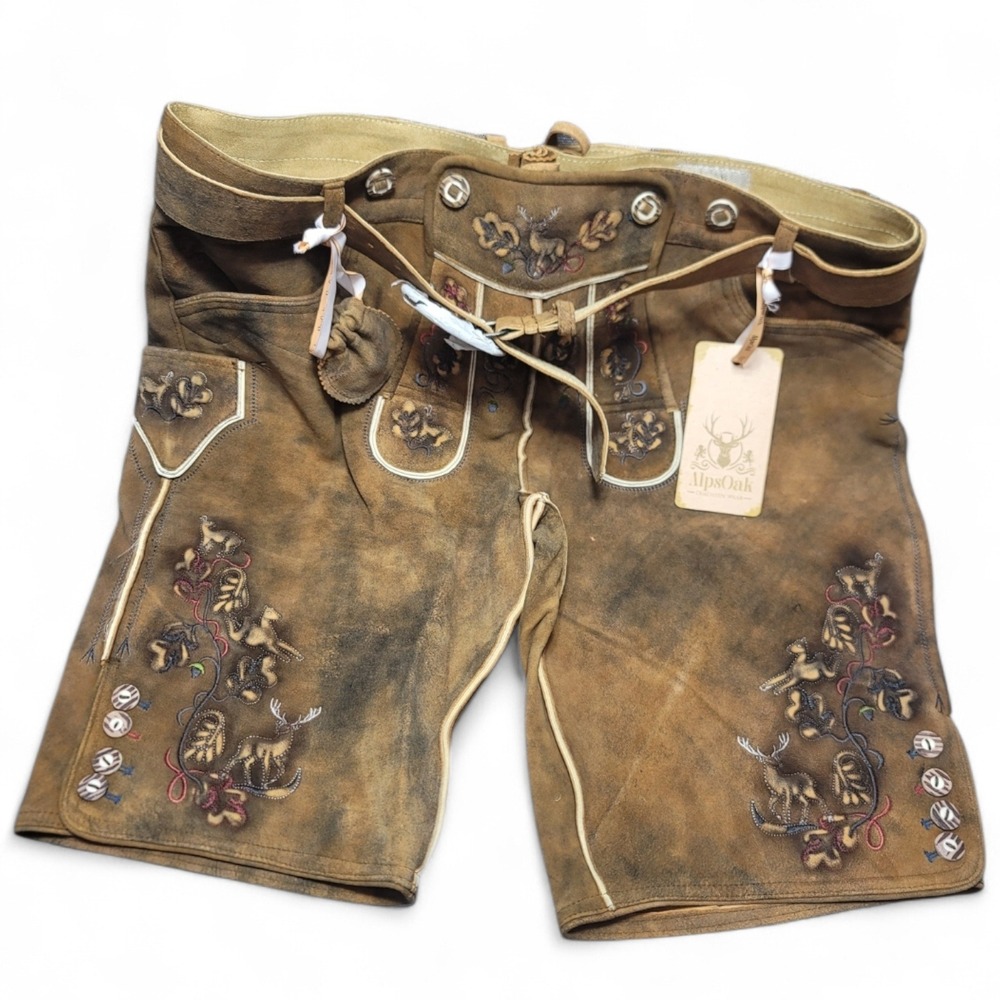 AlpsOak Mens Leather‎ Lederhosen Oktoberfest Trachten Wear Brown Embroidered